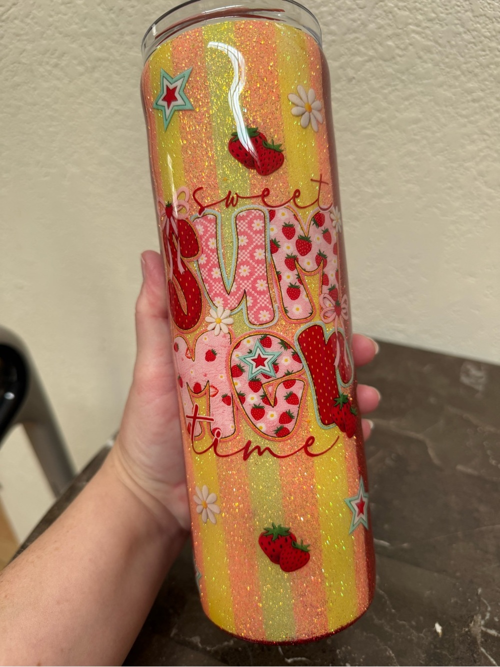 Summer Colorful Strawberry Stripes Glitter 30 oz Skinny Tumbler Cup Handmade